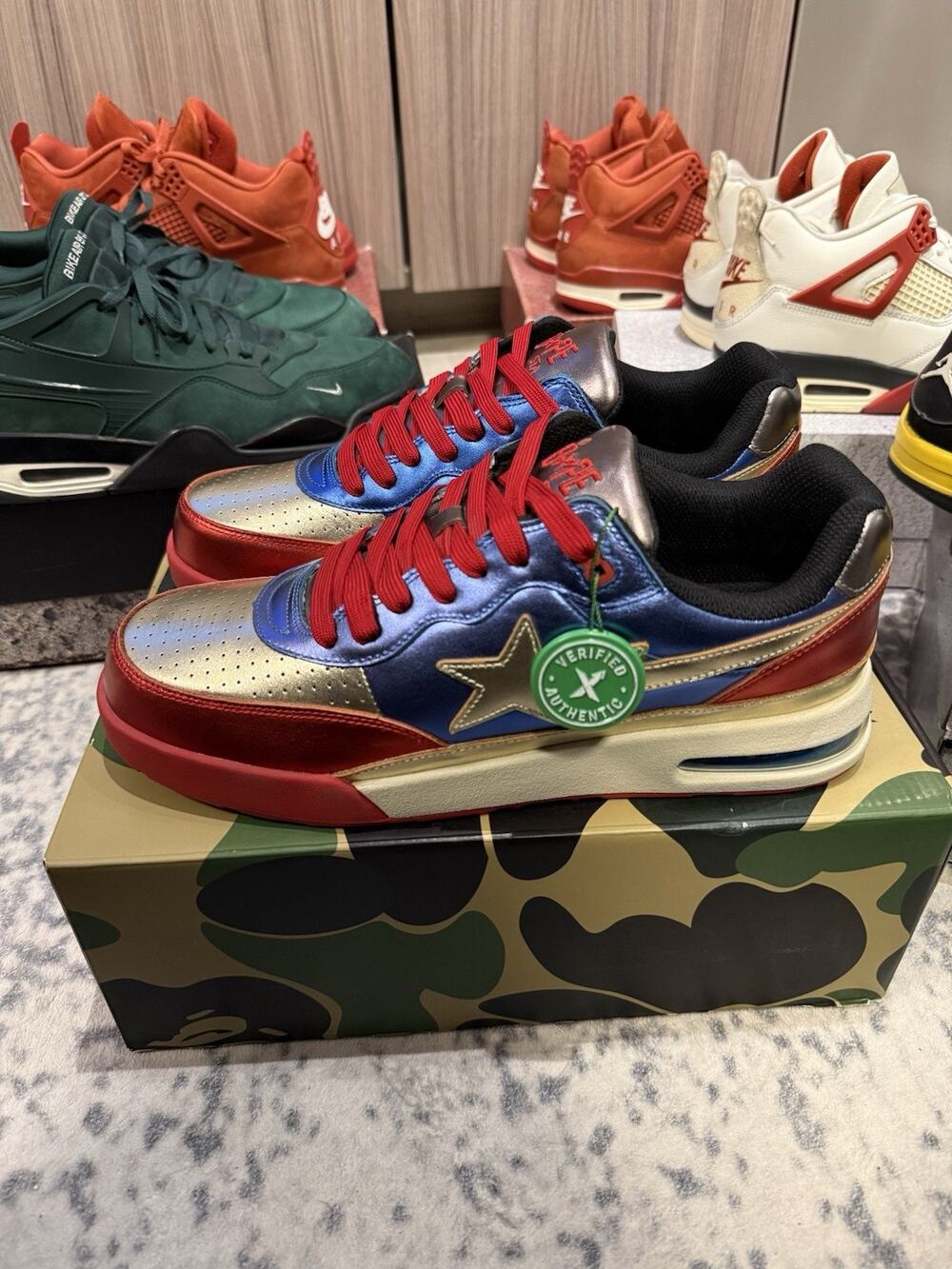 A Bathing Ape BAPE Road Sta Navy Red Gold Size 12 Bapesta Shoes New Box